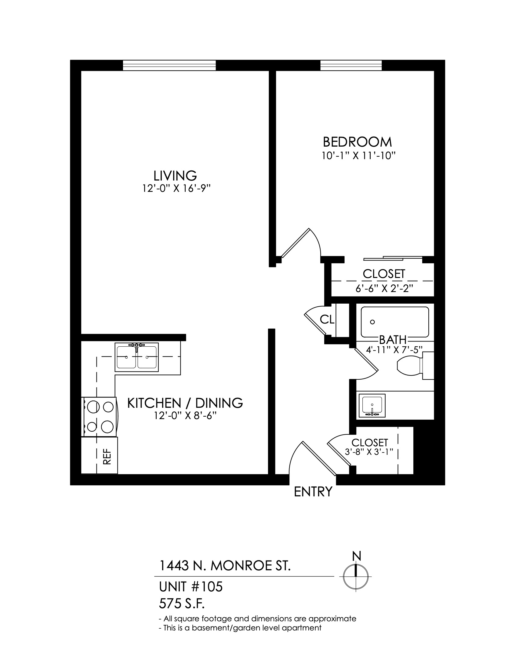 Floor plan for 1 bed, 1 bath, 580 sqft